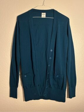 Fair Indigo 100% Organic Cotton XS Teal Button-Front Cardigan Sweater Pockets